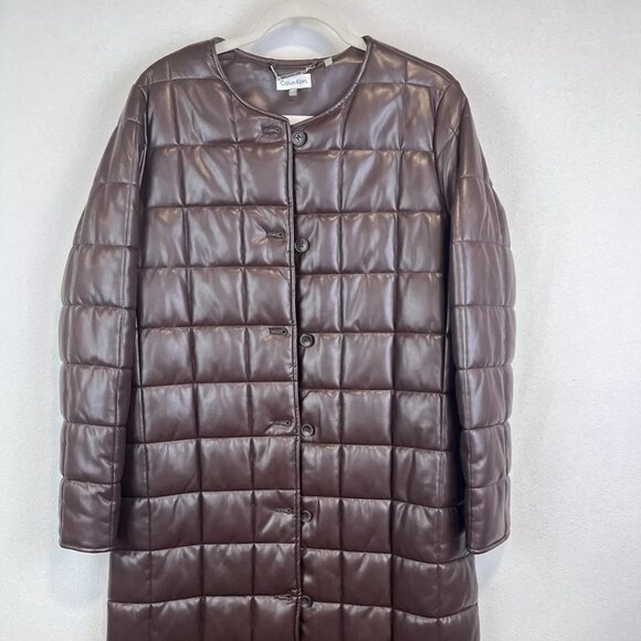 Calvin Klein Quilted Faux Leather Puffer Coat NWT Size XL Coffee Bean Brown - Picture 3 of 11